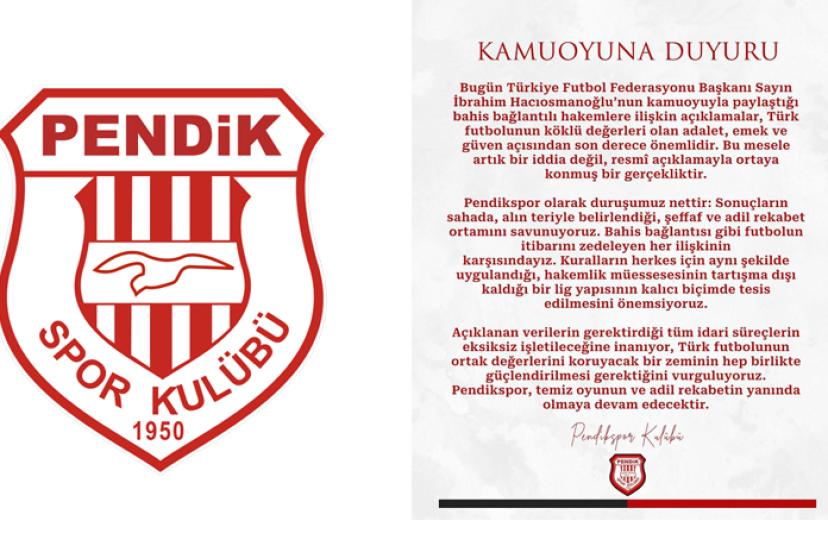 PENDİKSPOR'DAN 'TEMİZ OYUN' VE 'ADİL REKABET'E DESTEK AÇIKLAMASI